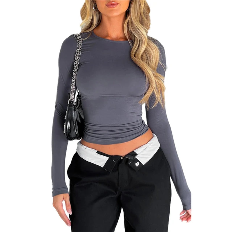 Cropped Tees Y2K Clothes for Women Solid Color O Neck Long Sleeve T Shirt 2000S Crop Tops Casual Streetwear