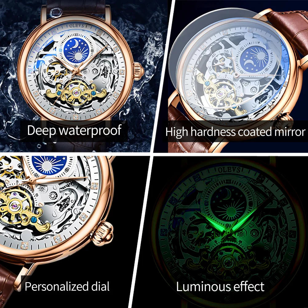 Moon Phase Mechanical Watch Men with Dual Time Zone Display Waterproof Automatic Skeleton Mens Watches Top Brand Luxury