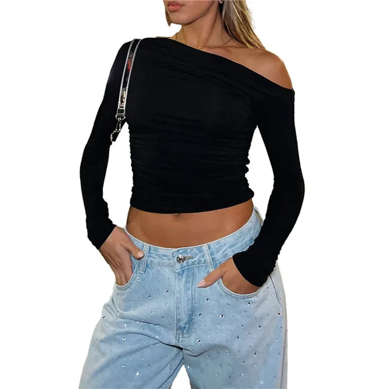 Cropped Tees Y2K Clothes for Women Solid Color O Neck Long Sleeve T Shirt 2000S Crop Tops Casual Streetwear