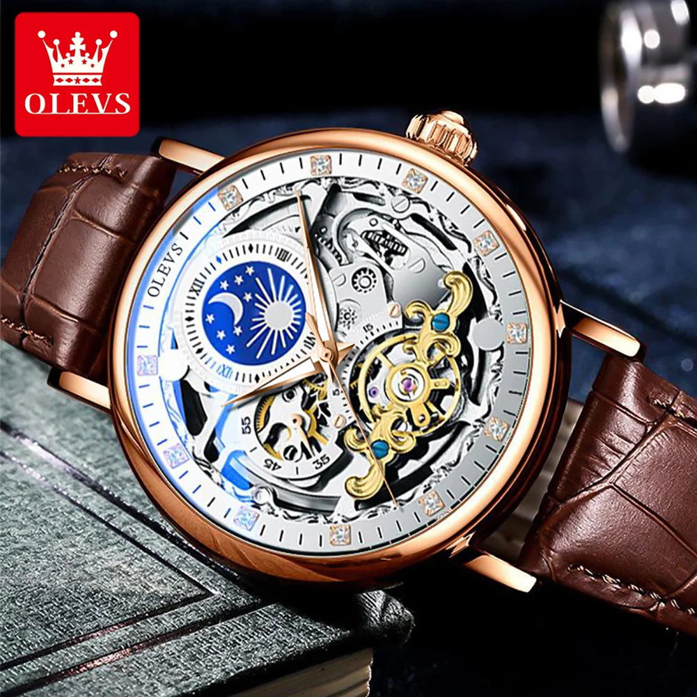 Moon Phase Mechanical Watch Men with Dual Time Zone Display Waterproof Automatic Skeleton Mens Watches Top Brand Luxury